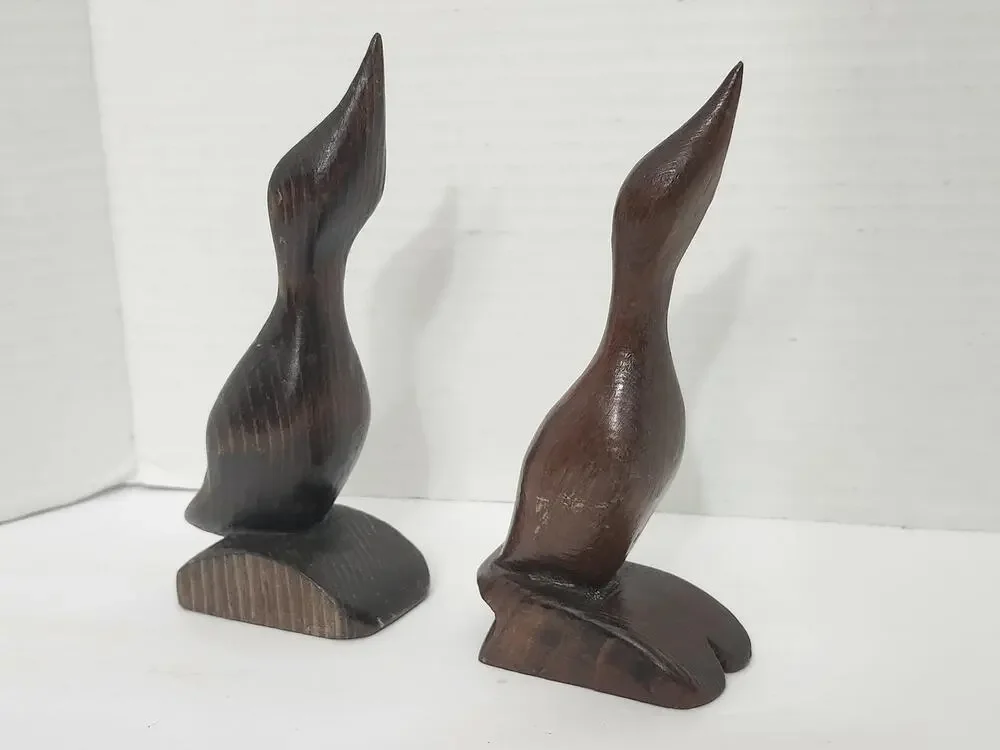 Mid Century Modern Carved Wood Bird Figurine Pair Sculpture
